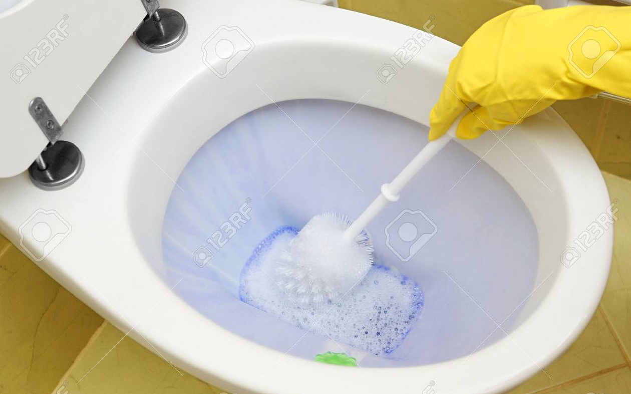 Scrubbing a toilet